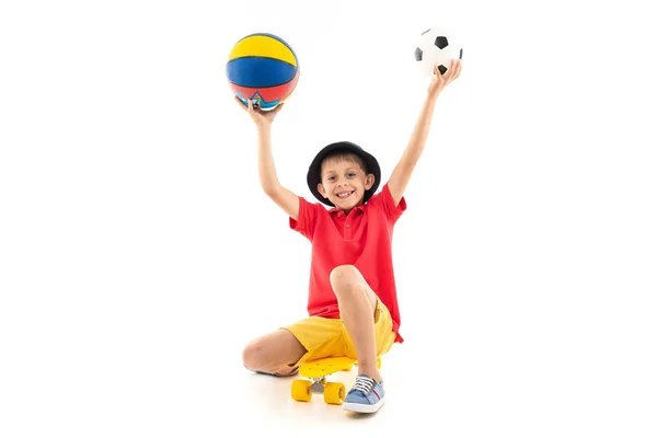 Portrait Little Boy Playing Balls Sitting Skate - Stock-foto