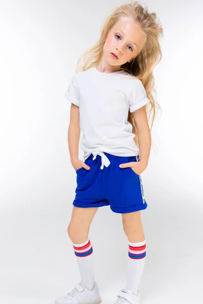 Cute Little Blond Girl Posing Studio — Stock Photo, Image