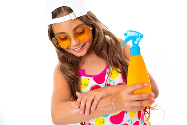 Cute Little Girl Posing Spray White Background — Stock Photo, Image