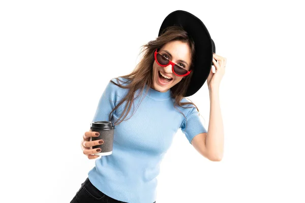 Young Beautiful Woman Posing Hat Coffee — Stock Photo, Image