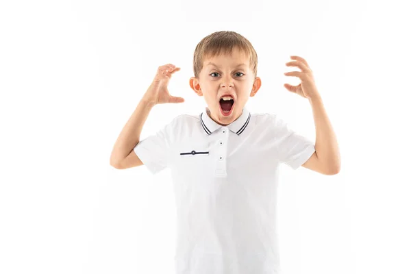 Süßer Kleiner Junge Macht Gesichtsausdruck Posiert Studio Gegen Weiß — Stockfoto