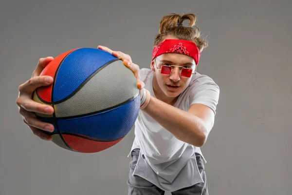 Cool Tenager Boy Ball Posing Gray — Stock Photo, Image