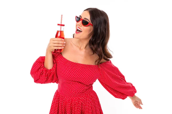 Woman Red Dress Posing Beverage White Background — Stock Photo, Image