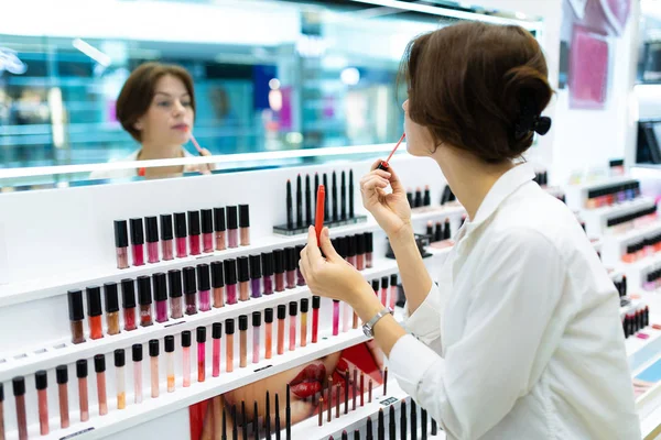 Beautiful Woman Seller Cosmetics Store Stock Image