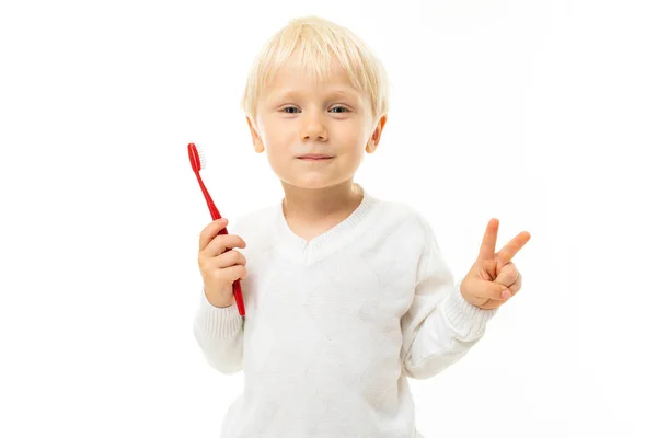 Little Boy Posing Toothbrush White Background Stock Picture