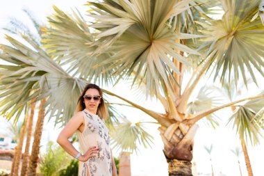 Palmiye ağaçlarının yanında poz veren güzel bir kadın.