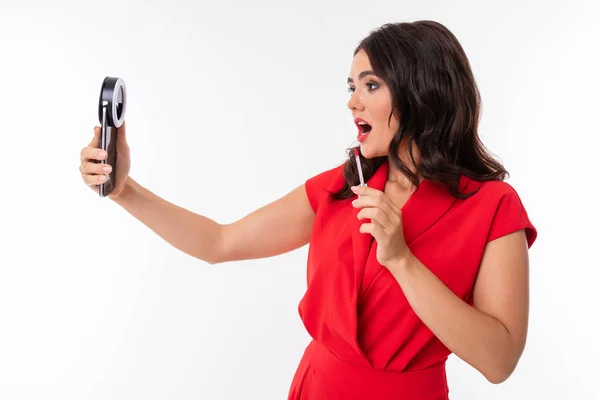 Beautiful Woman Red Selfie Camera — Stock Photo, Image