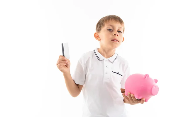 Chico Con Alcancía Tarjeta Crédito —  Fotos de Stock