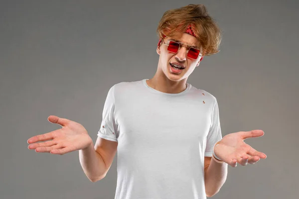 Handsome Emotional Teenager Boy Posing Studio Gray — Stock Photo, Image