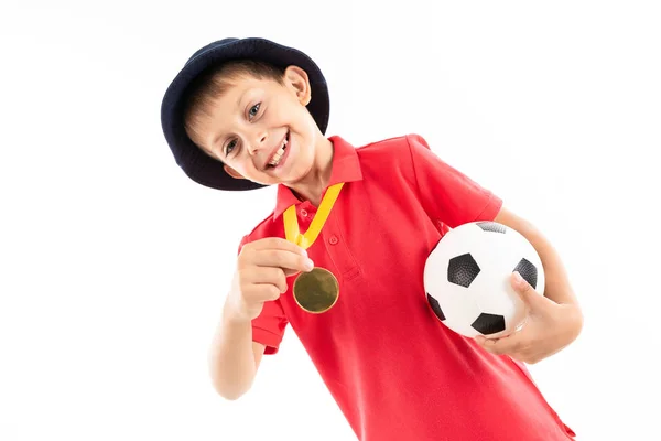 Dreng Med Fodbold Bold Medalje - Stock-foto