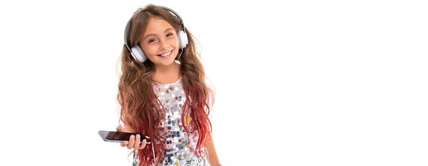 Panorama Girl Glittery Dress Big White Earphones Enjoying Music Holding — Stock Photo, Image