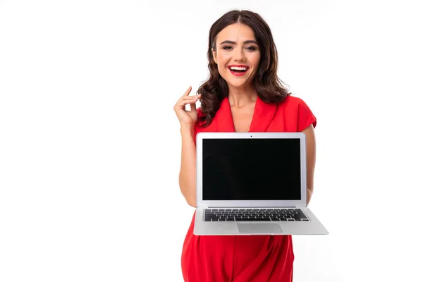 Mulher Bonita Vermelho Com Laptop — Fotografia de Stock