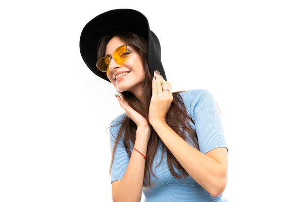 Beautiful Fashionable Woman Hat Eyeglasses — Stock Photo, Image