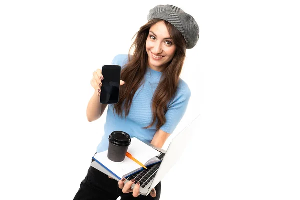 Young Busy Woman Laptop Coffee — Stock Photo, Image