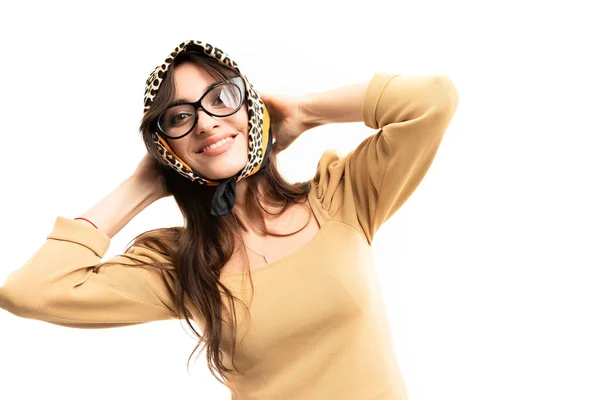 Beautiful Young Woman Posing Eyeglasses Shawl — ストック写真