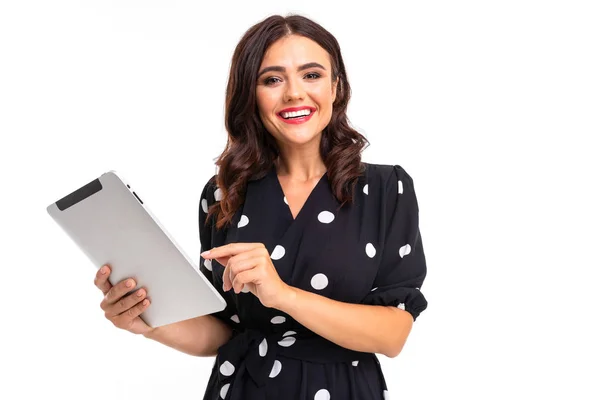Woman Dress Posing Digital Tablet White Background — Stock Photo, Image