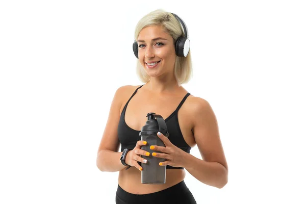 Young Beautiful Blonde Sportswoman Headphones Bottle Water — Stock Photo, Image