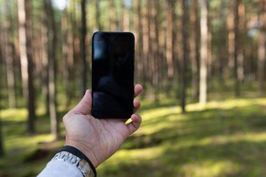 Parkta akıllı telefon kullanan kadın.