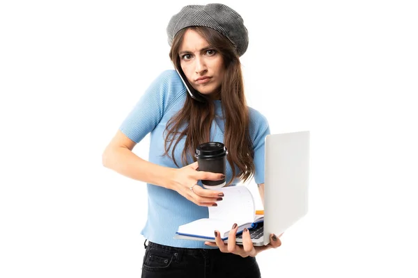 Young Busy Woman Laptop Coffee — Stock Photo, Image