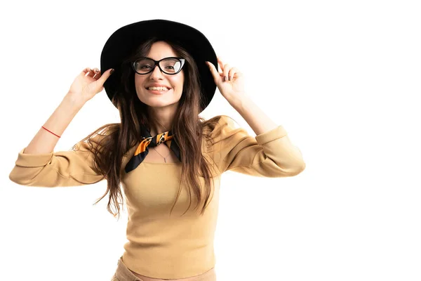 Beautiful Woman Posing Studio White Hat Eyeglasses — ストック写真