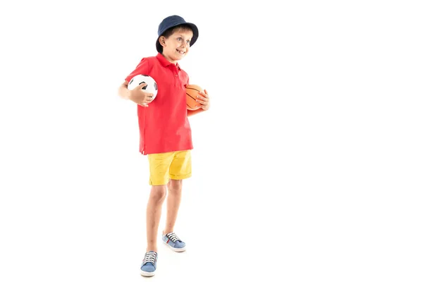 Anak Laki Laki Dengan Bola Berpose Melawan Whie — Stok Foto