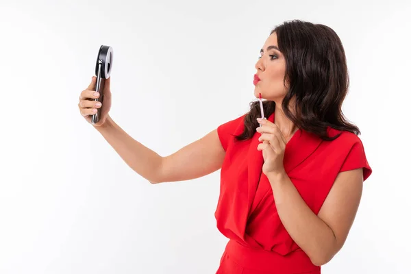 Beautiful Woman Red Selfie Camera — Stock Photo, Image