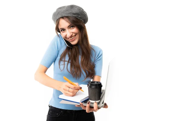 Young Busy Woman Laptop Coffee — Stock Photo, Image