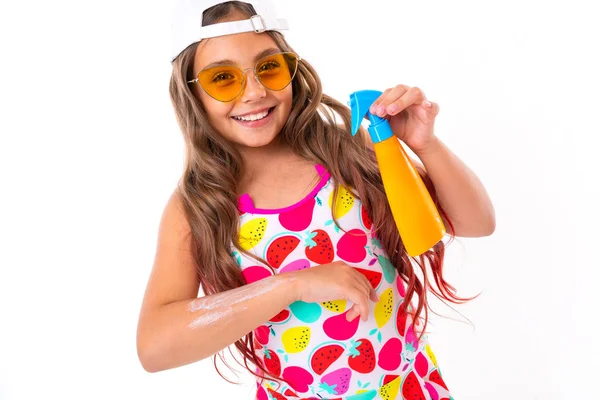 Cute Little Girl Posing Spray White Background — Stock Photo, Image