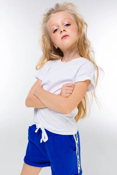 Cute Little Blond Girl Posing Studio — Stock Photo, Image