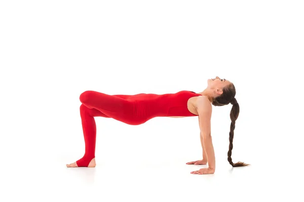 Woman Doing Yoga Red Sportsuit Isolated White — Stock Photo, Image