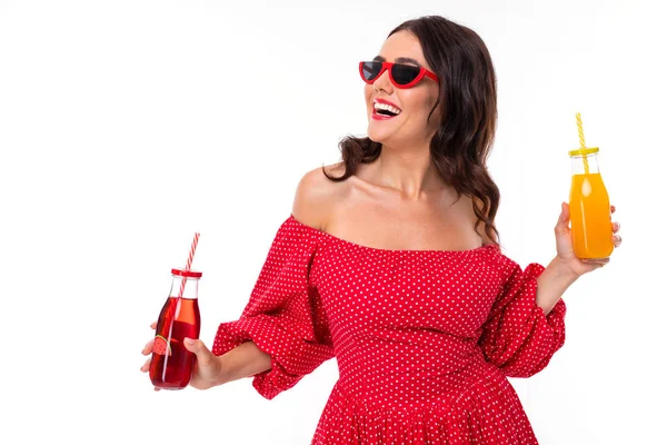 Woman Red Dress Posing Beverage White Background — Stock Photo, Image