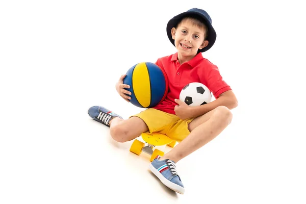 Portrait Little Boy Playing Balls Sitting Skate - Stock-foto