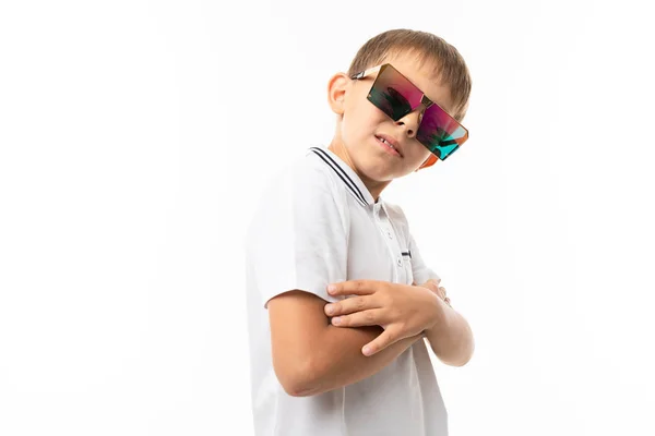 Cute Boy Sunglasses Posing Studio — Stock Photo, Image