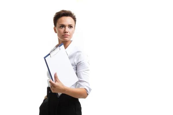 Jong Vrouwelijk Zakenvrouw Met Een Klembord — Stockfoto