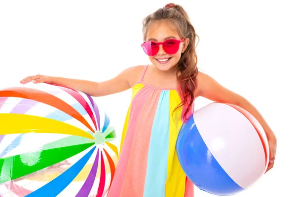 Cute Little Girl Posing Ball White Background — Stock Photo, Image