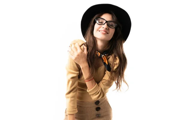 Hermosa Mujer Posando Estudio Contra Blanco Sombrero Gafas Graduadas —  Fotos de Stock