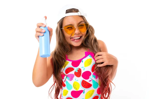 Cute Little Girl Posing Spray White Background — Stock Photo, Image