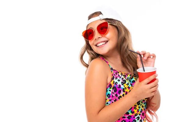 Cute Little Girl Posing Beverage White Background — Stock Photo, Image