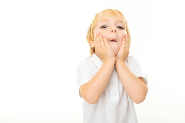 Retrato Niño Pequeño Con Las Manos Cabeza Aisladas Sobre Fondo — Foto de Stock