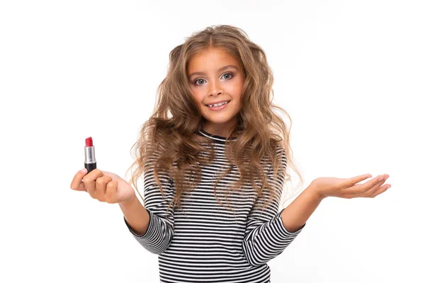 Cute Little Girl Posing Lipstick White Background — ストック写真