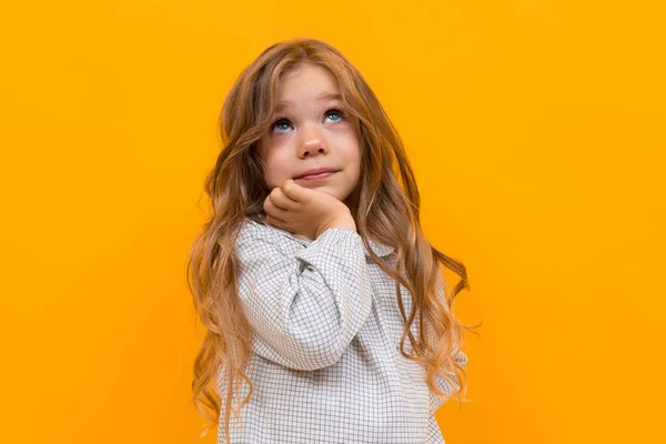 Cute Little Girl Posing Orange Background — Stok fotoğraf