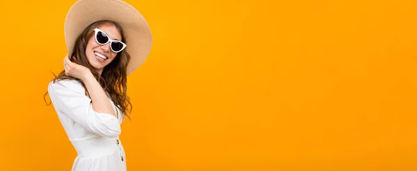 Woman Hat Posing Orange Background — Stock Photo, Image