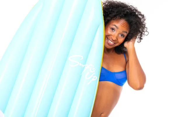 African Woman Swimwear Posing Air Mattress White Background — Stock Photo, Image
