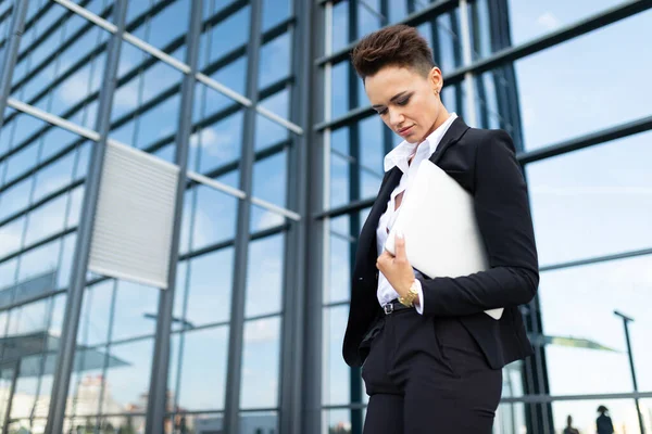 Outdoor Portrait Young Beautiful Business Woman Phone Laptop — Stock Photo, Image