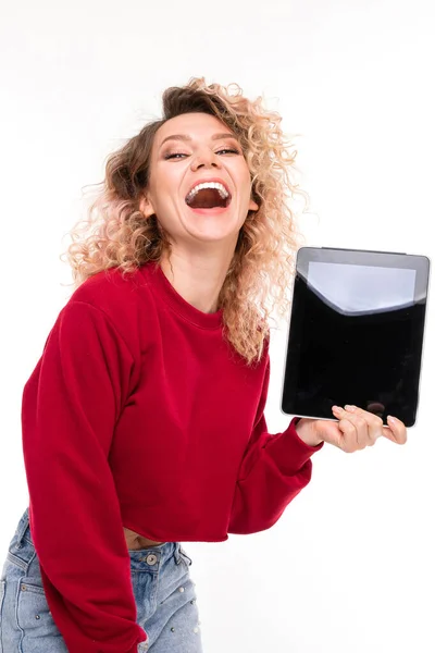 Beautiful Blonde Girl Posing Tablet White — Stock Photo, Image