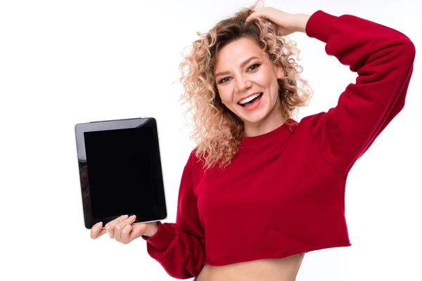 Beautiful Blonde Girl Posing Tablet White — Stock Photo, Image