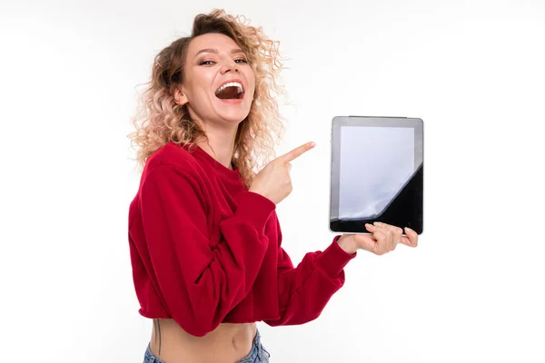 Beautiful Blonde Girl Posing Tablet White — Stock Photo, Image