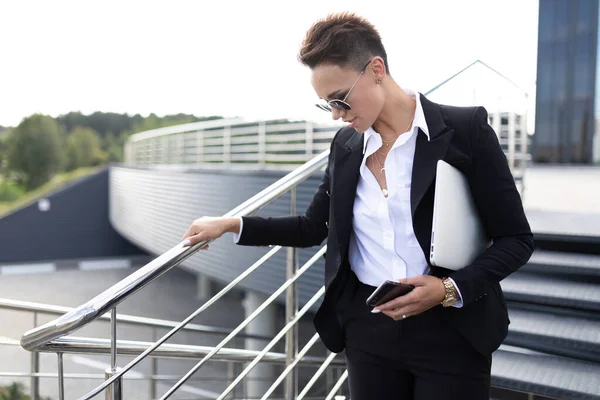 Outdoor Portrait Young Beautiful Business Woman Phone Laptop — Stock Photo, Image