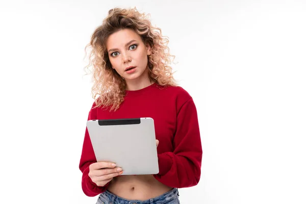 Young Woman Posing Digital Tablet White Background — Stock Photo, Image