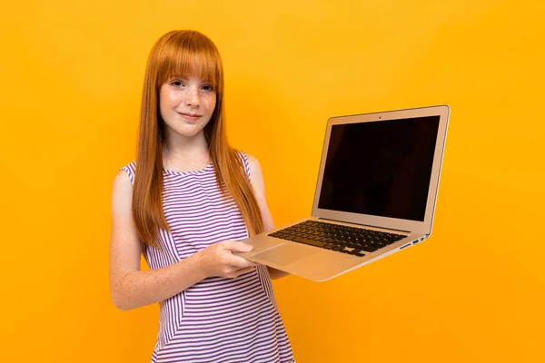 ginger cute girl with laptop against orange background